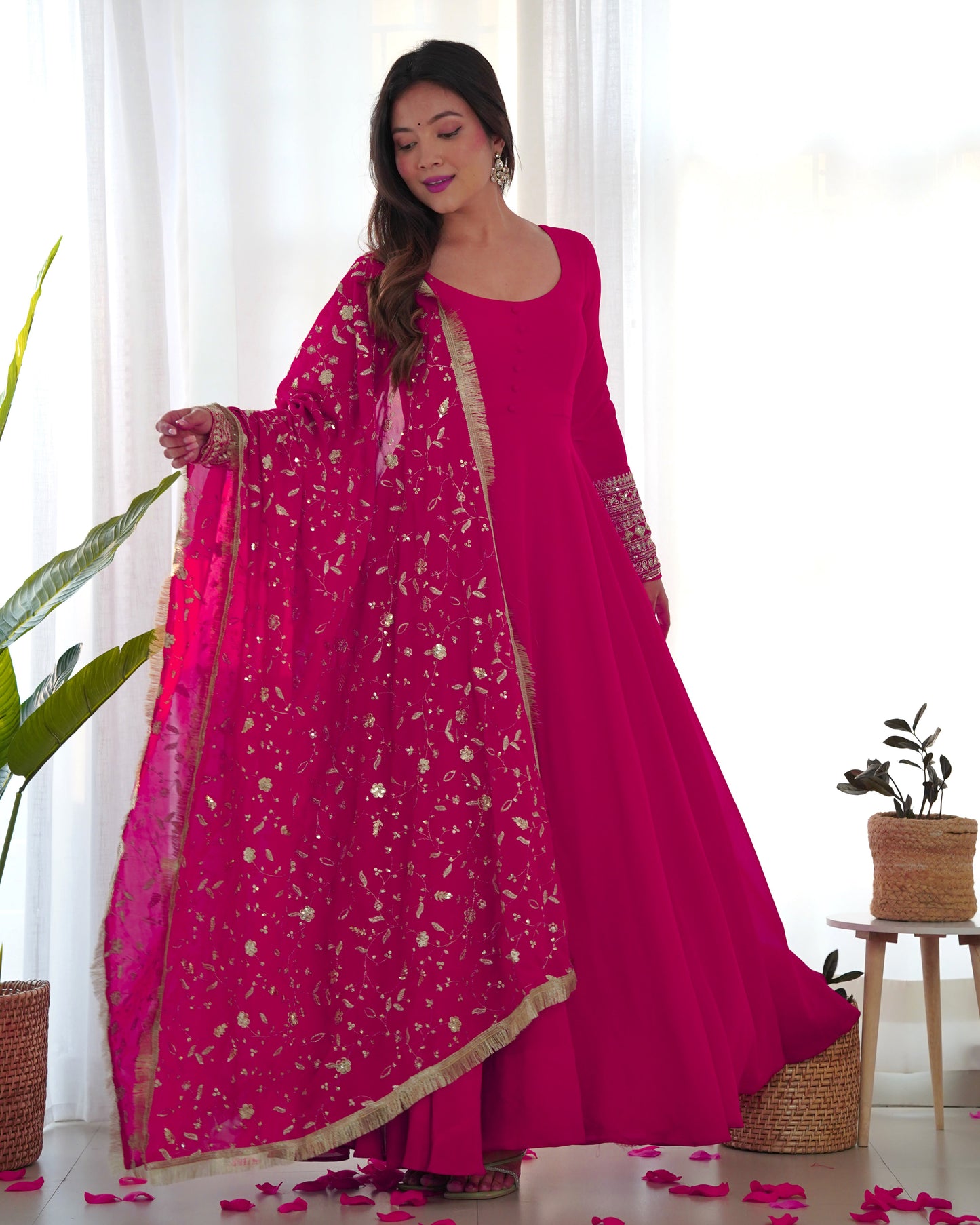 Rani Pink Pure Soft Fox Georgette Anarkali Suit Set With Huge Flair, Dupatta & Pant