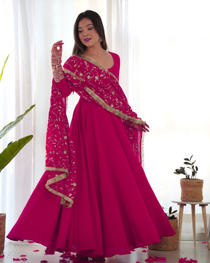 Rani Pink Pure Soft Fox Georgette Anarkali Suit Set With Huge Flair, Dupatta & Pant