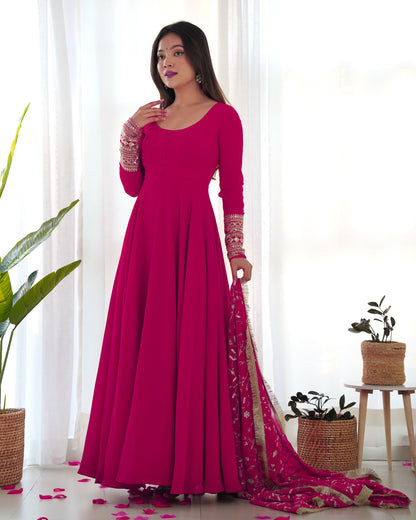 Rani Pink Pure Soft Fox Georgette Anarkali Suit Set With Huge Flair, Dupatta & Pant