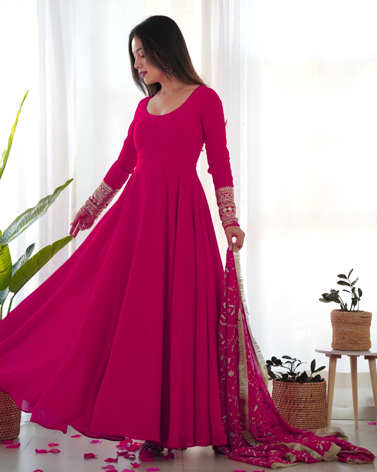 Rani Pink Pure Soft Fox Georgette Anarkali Suit Set With Huge Flair, Dupatta & Pant