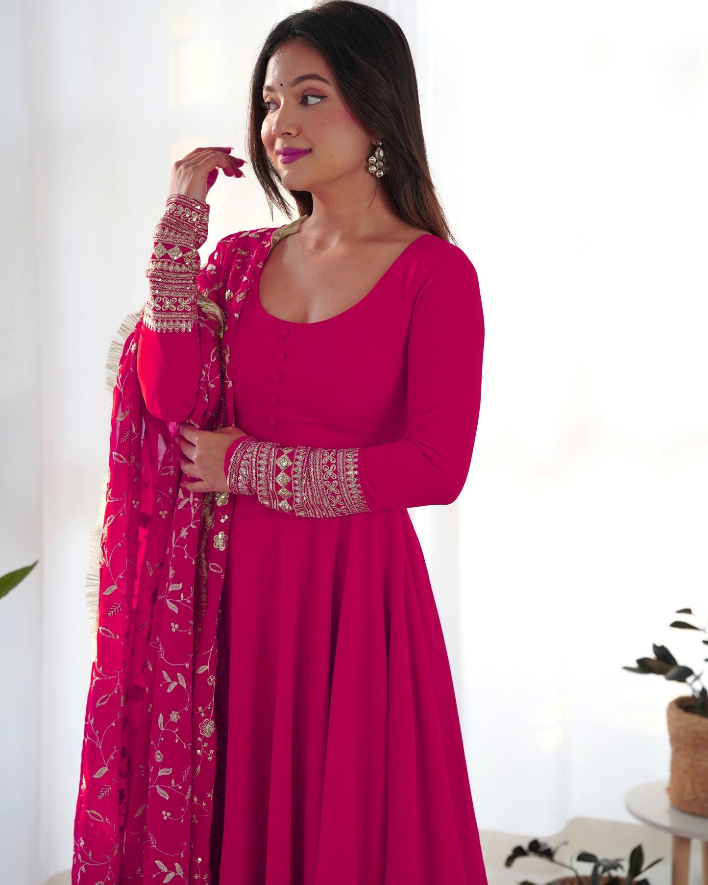 Rani Pink Pure Soft Fox Georgette Anarkali Suit Set With Huge Flair, Dupatta & Pant