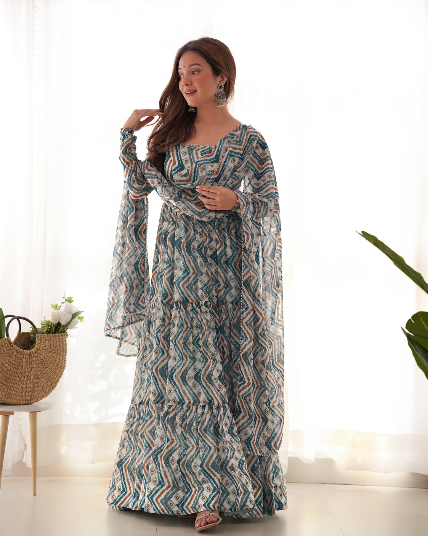 Light Blue Pure Soft Fox Georgette Anarkali Suit Set With Huge Flair, Dupatta & Pant