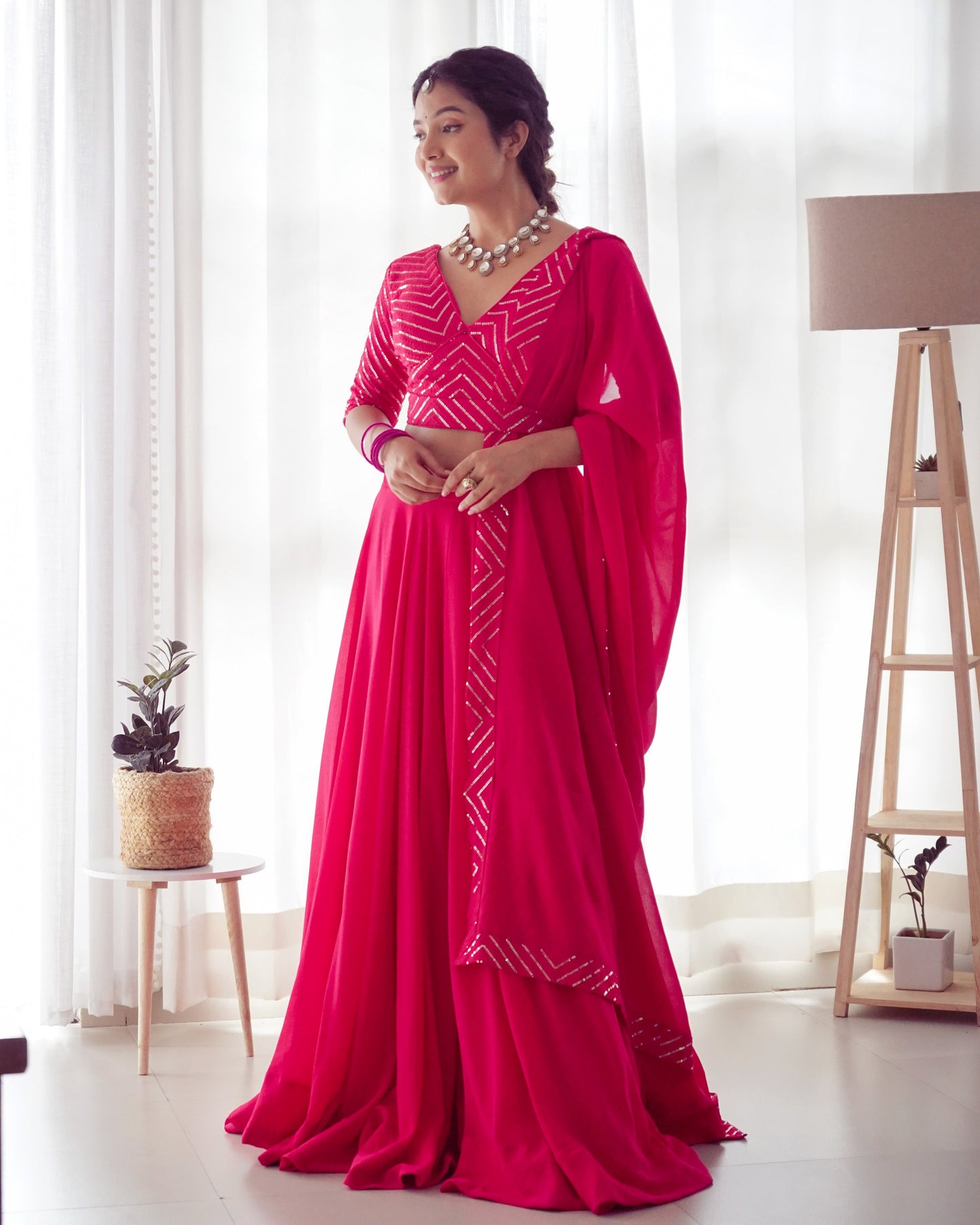 Pink Pure Soft Fox Georgette Lehenga Set With Huge Flair & Dupatta