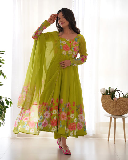 Liril Pure Soft Organza Anarkali Suit Set With Huge Flair, Dupatta & Pant