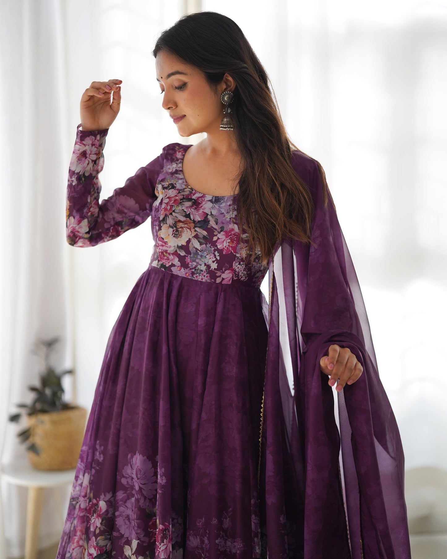 Wine Pure Soft Organza Anarkali Suit Set With Huge Flair, Dupatta & Pant