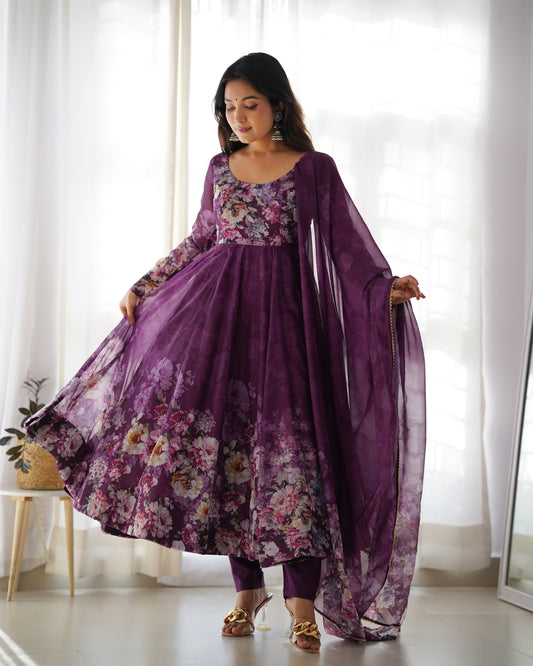 Wine Pure Soft Organza Anarkali Suit Set With Huge Flair, Dupatta & Pant