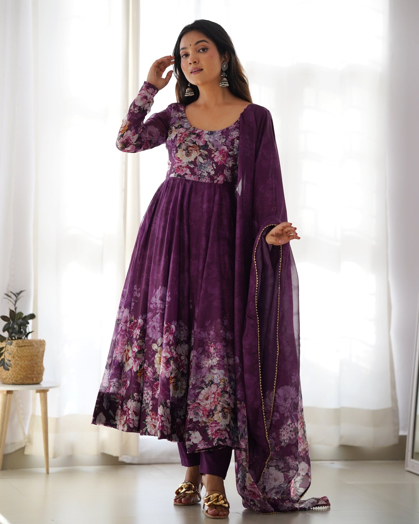 Wine Pure Soft Organza Anarkali Suit Set With Huge Flair, Dupatta & Pant