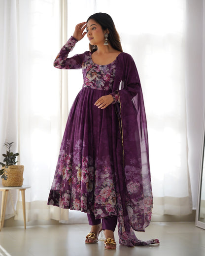 Wine Pure Soft Organza Anarkali Suit Set With Huge Flair, Dupatta & Pant