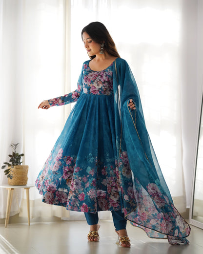 Rama Pure Soft Organza Anarkali Suit Set With Huge Flair, Dupatta & Pant