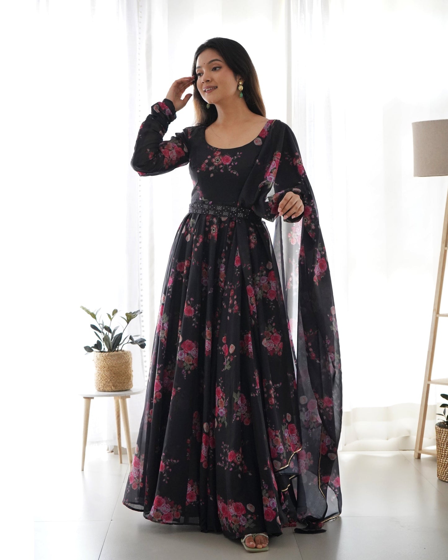 Black Pure Soft Organza Gown Set With Huge Flair Comes With Dupatta