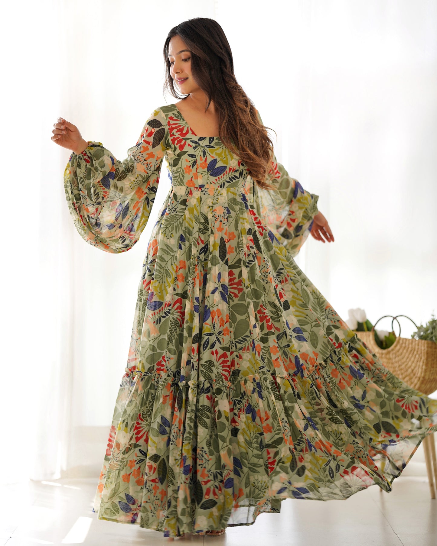 Multi Floral Light Pastel Pure Soft Fox Georgette Fully Flair Gown