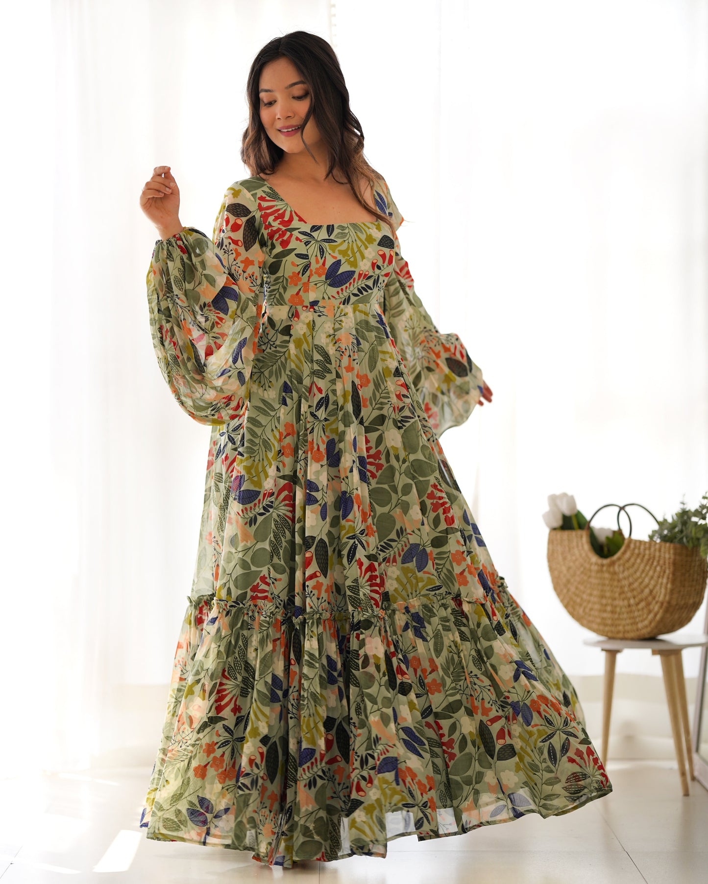 Multi Floral Light Pastel Pure Soft Fox Georgette Fully Flair Gown