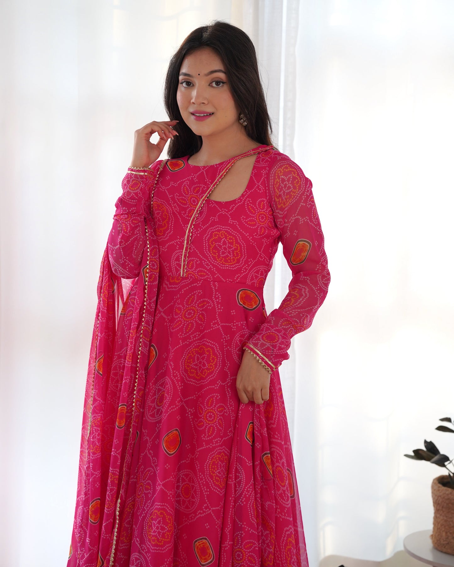 Pink Pure Soft Lightweight Chiffon Bandhej Anarkali Suit Set With Huge Flair, Dupatta & Pant