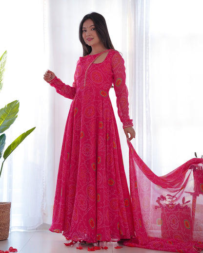 Pink Pure Soft Lightweight Chiffon Bandhej Anarkali Suit Set With Huge Flair, Dupatta & Pant