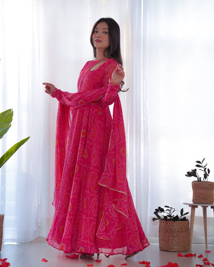 Pink Pure Soft Lightweight Chiffon Bandhej Anarkali Suit Set With Huge Flair, Dupatta & Pant