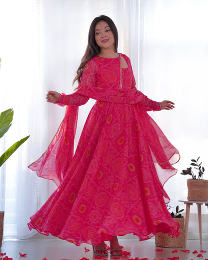 Pink Pure Soft Lightweight Chiffon Bandhej Anarkali Suit Set With Huge Flair, Dupatta & Pant