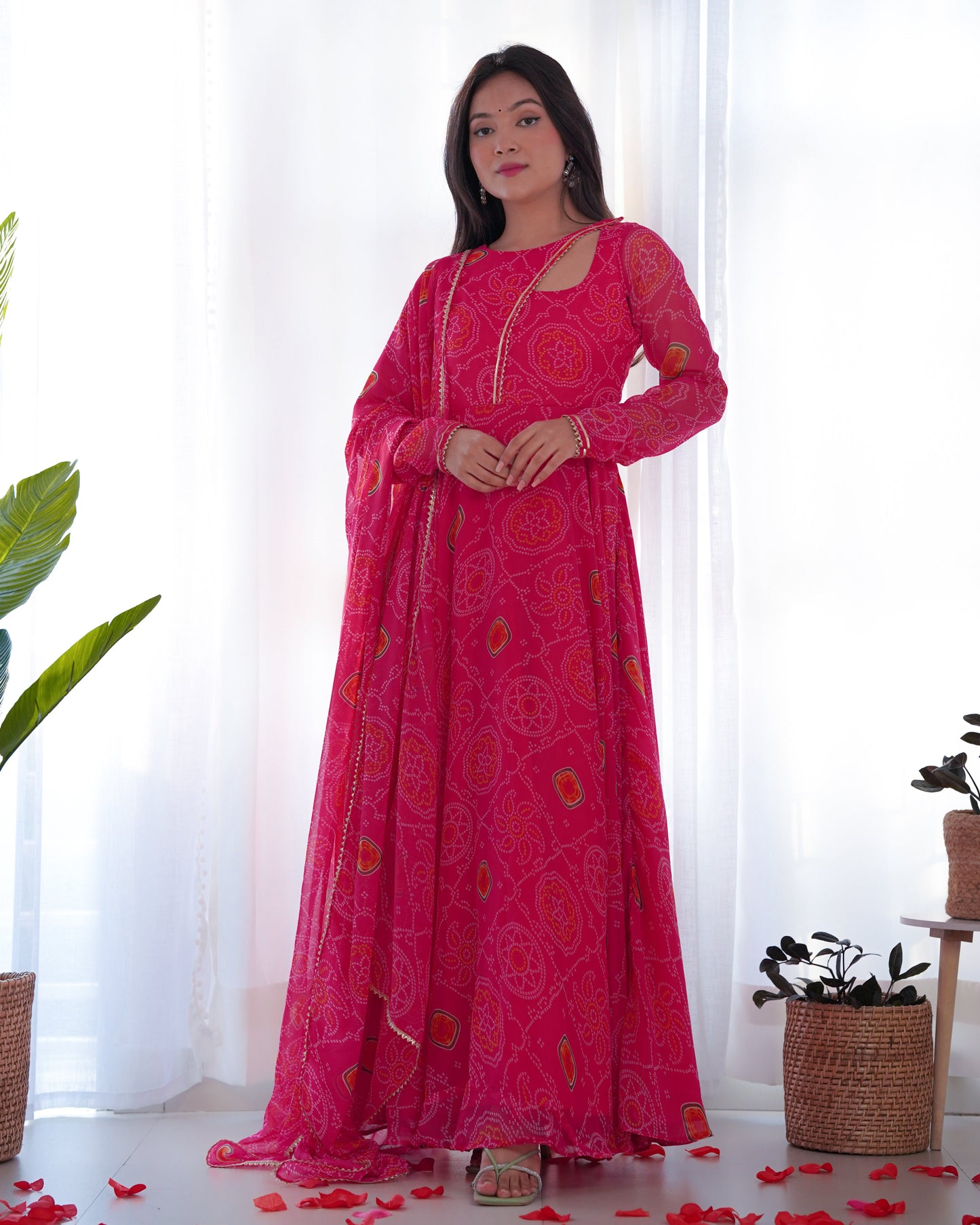 Pink Pure Soft Lightweight Chiffon Bandhej Anarkali Suit Set With Huge Flair, Dupatta & Pant