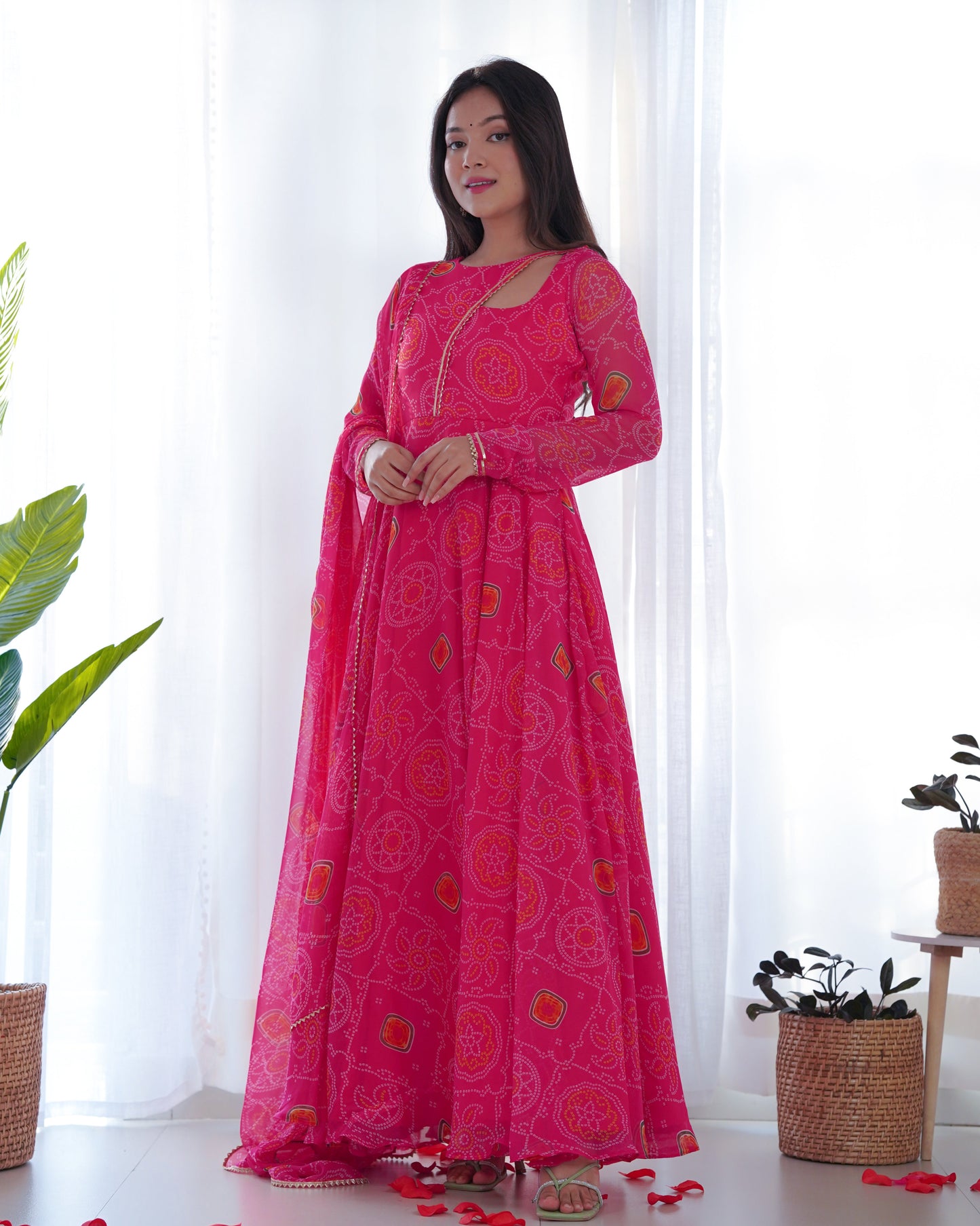 Pink Pure Soft Lightweight Chiffon Bandhej Anarkali Suit Set With Huge Flair, Dupatta & Pant