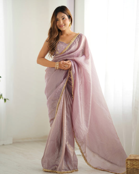 OLD CRUSH TISSUE SILK FABRIC PREMIUM LACE WORK PREDRAPPED SAREE