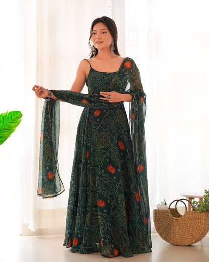 Dark Green Pure Soft Lightweight Chiffon Bandhej Anarkali Suit Set With Huge Flair, Dupatta & Pant