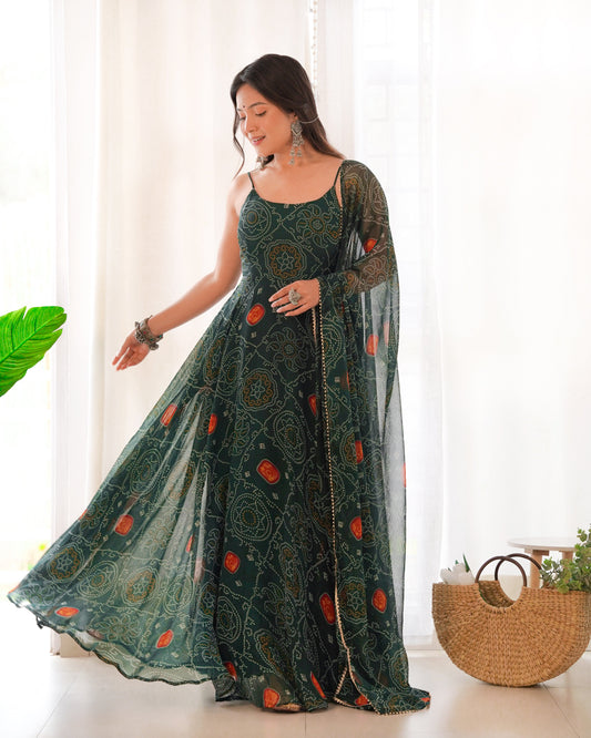 Dark Green Pure Soft Lightweight Chiffon Bandhej Anarkali Suit Set With Huge Flair, Dupatta & Pant