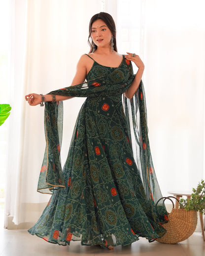 Dark Green Pure Soft Lightweight Chiffon Bandhej Anarkali Suit Set With Huge Flair, Dupatta & Pant