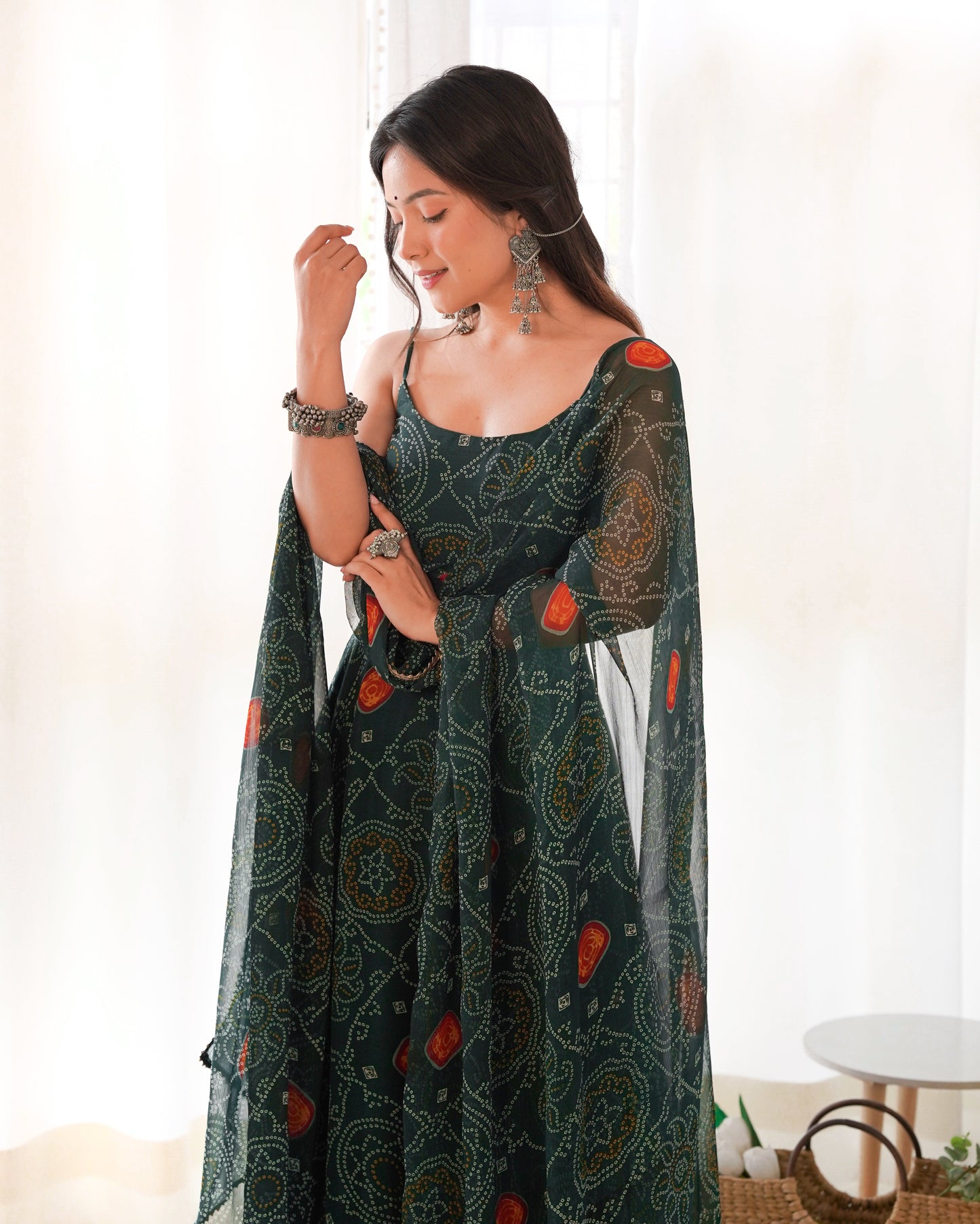 Dark Green Pure Soft Lightweight Chiffon Bandhej Anarkali Suit Set With Huge Flair, Dupatta & Pant