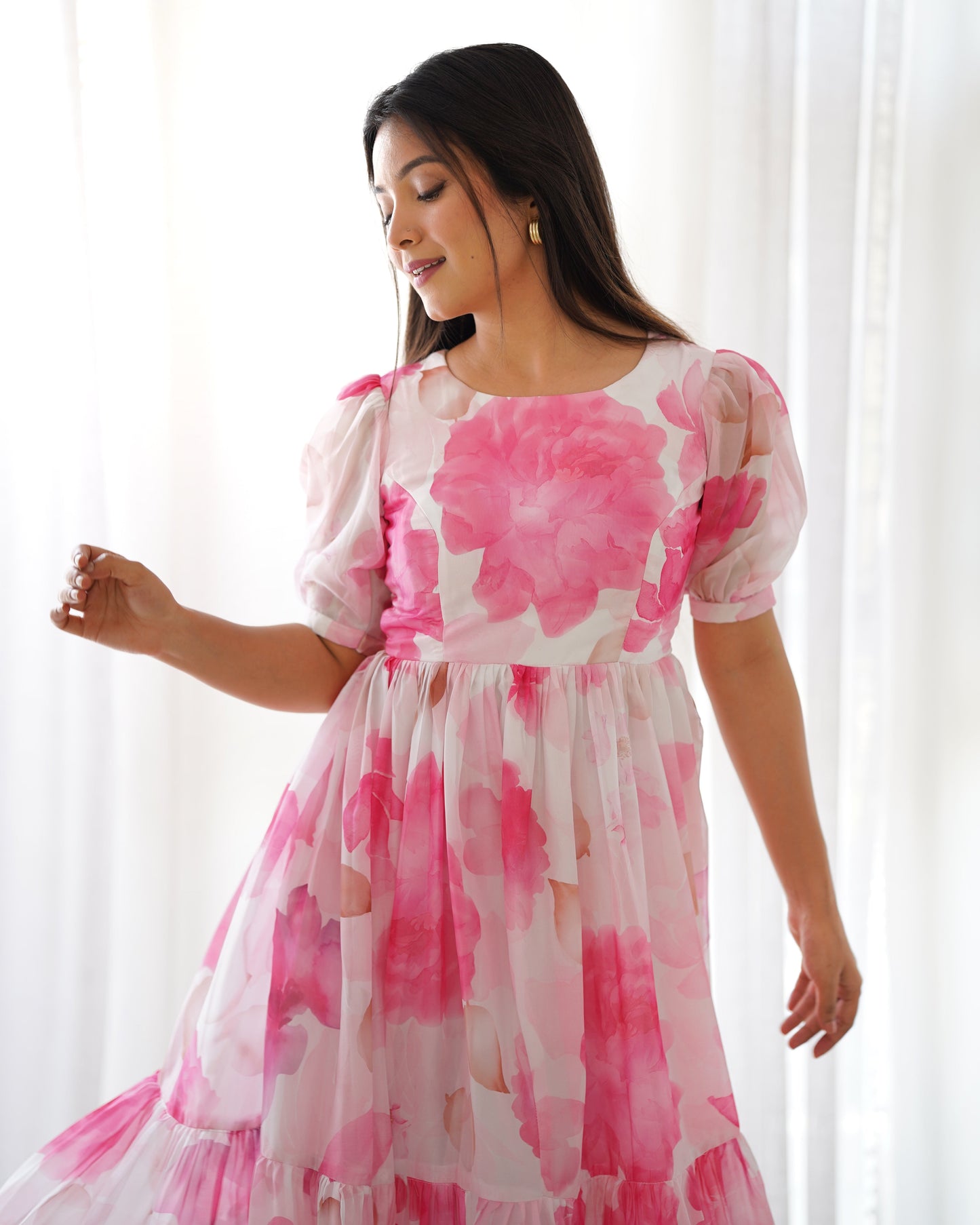 Pink Pure Soft Organza Floral Print One Piece Dress With Huge Flair