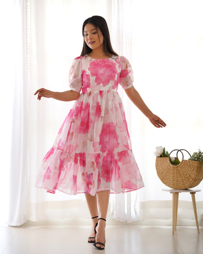 Pink Pure Soft Organza Floral Print One Piece Dress With Huge Flair