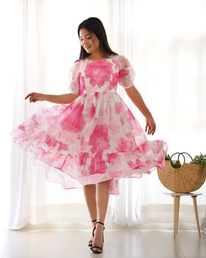 Pink Pure Soft Organza Floral Print One Piece Dress With Huge Flair