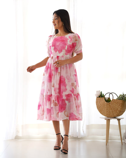 Pink Pure Soft Organza Floral Print One Piece Dress With Huge Flair