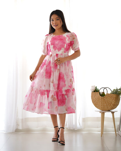 Pink Pure Soft Organza Floral Print One Piece Dress With Huge Flair