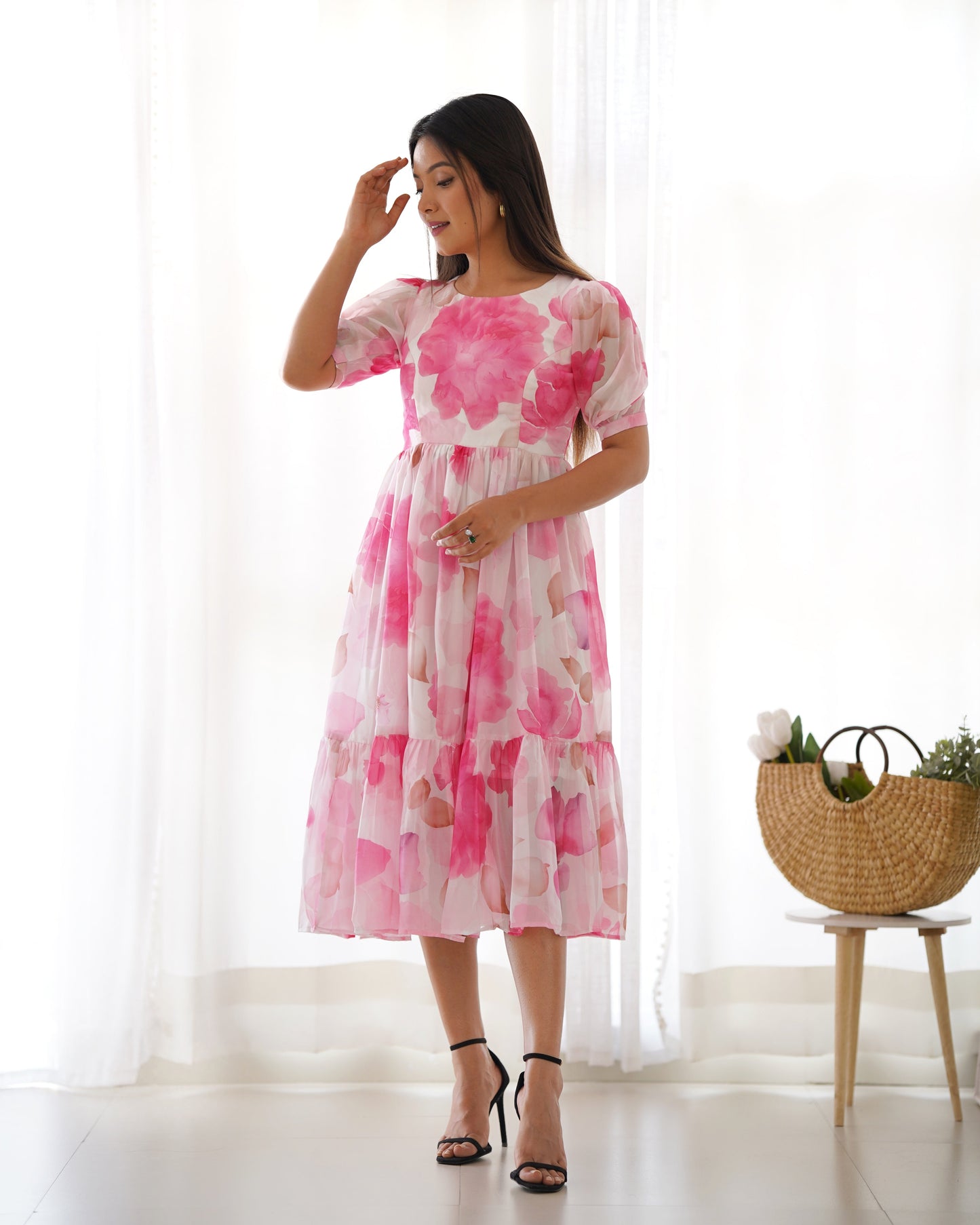 Pink Pure Soft Organza Floral Print One Piece Dress With Huge Flair