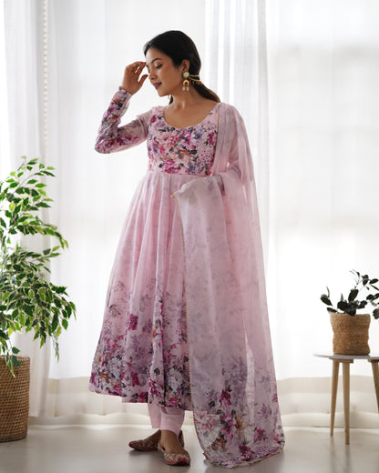 Pink Pure Soft Organza Anarkali Suit Set With Huge Flair, Dupatta & Pant