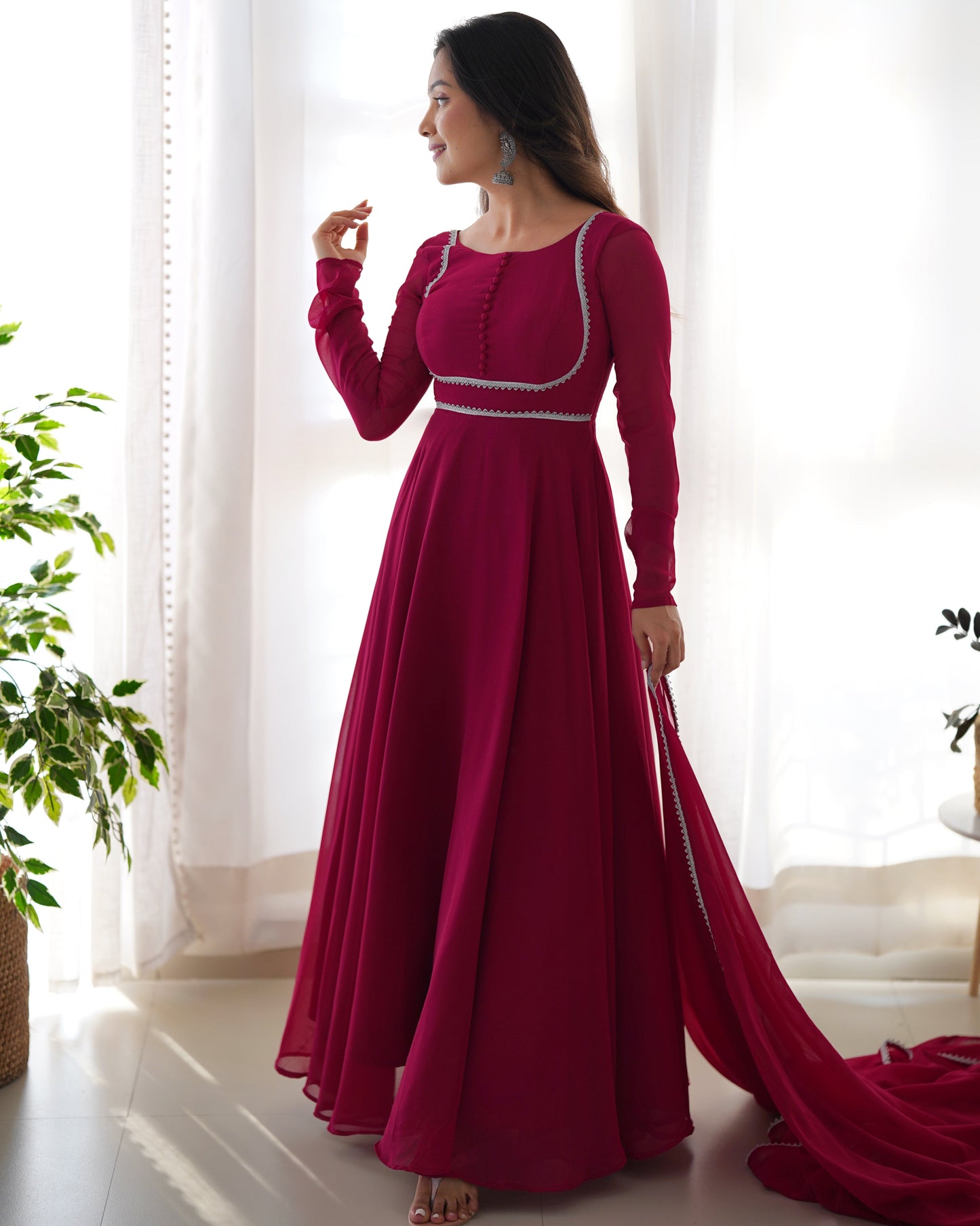 Pink Pure Soft Fox Georgette Anarkali Suit Set With Huge Flair, Dupatta & Pant