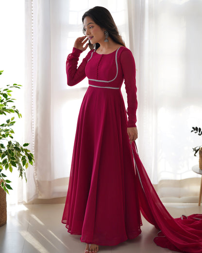 Pink Pure Soft Fox Georgette Anarkali Suit Set With Huge Flair, Dupatta & Pant