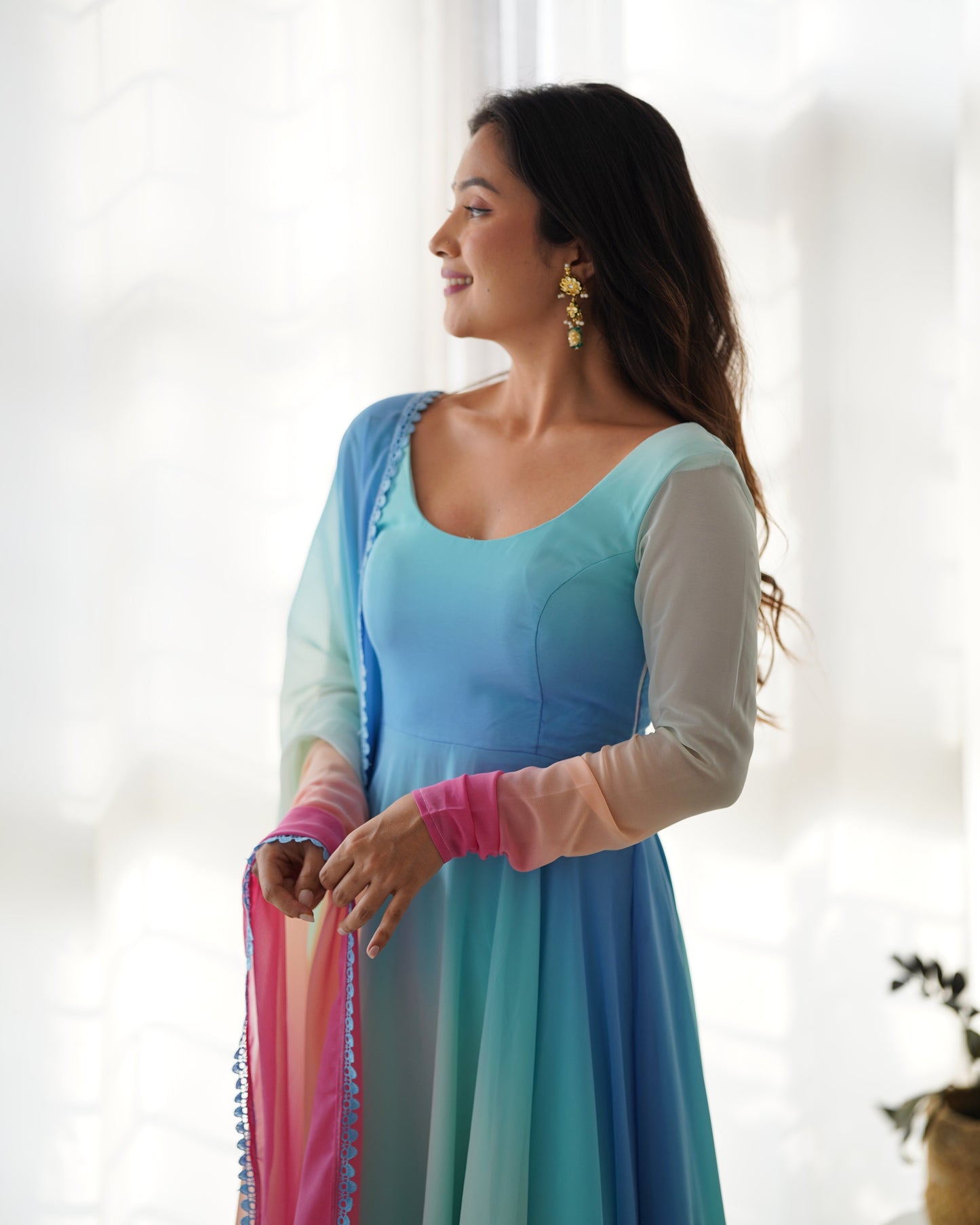 Sky Blue Pure Soft Fox Georgette Anarkali Suit Set With Huge Flair, Dupatta & Pant