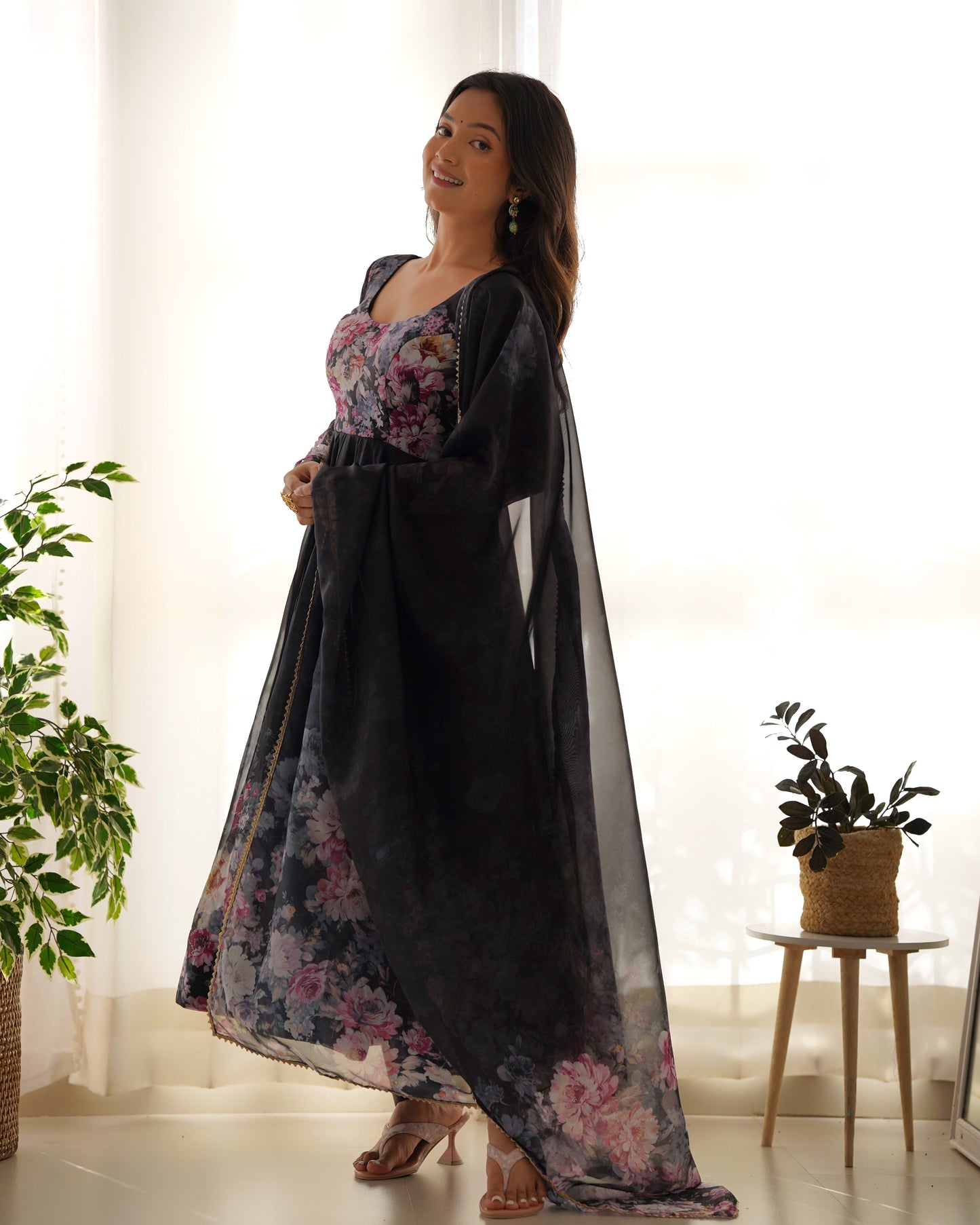 Black Pure Soft Organza Anarkali Suit Set With Huge Flair, Dupatta & Pant