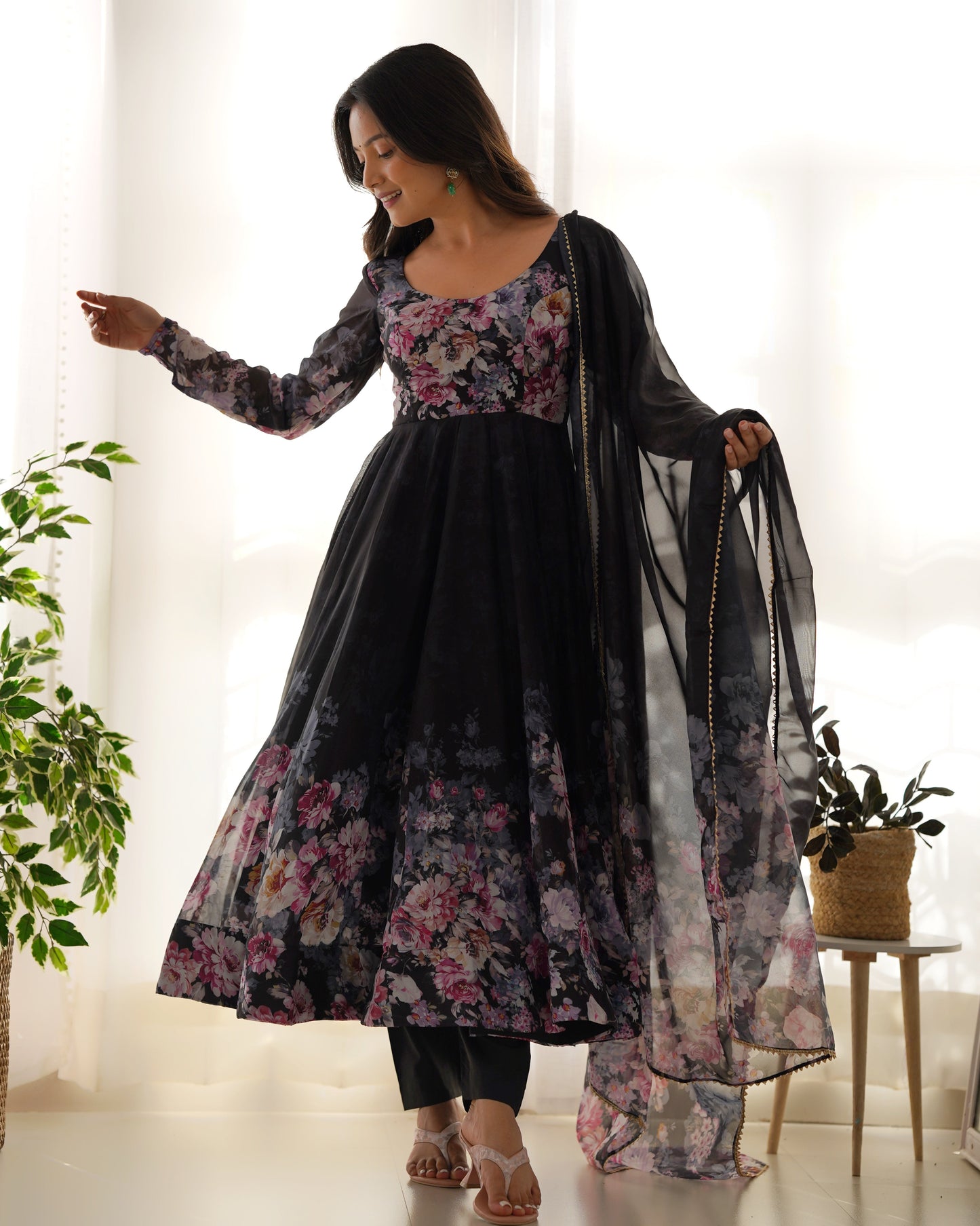 Black Pure Soft Organza Anarkali Suit Set With Huge Flair, Dupatta & Pant