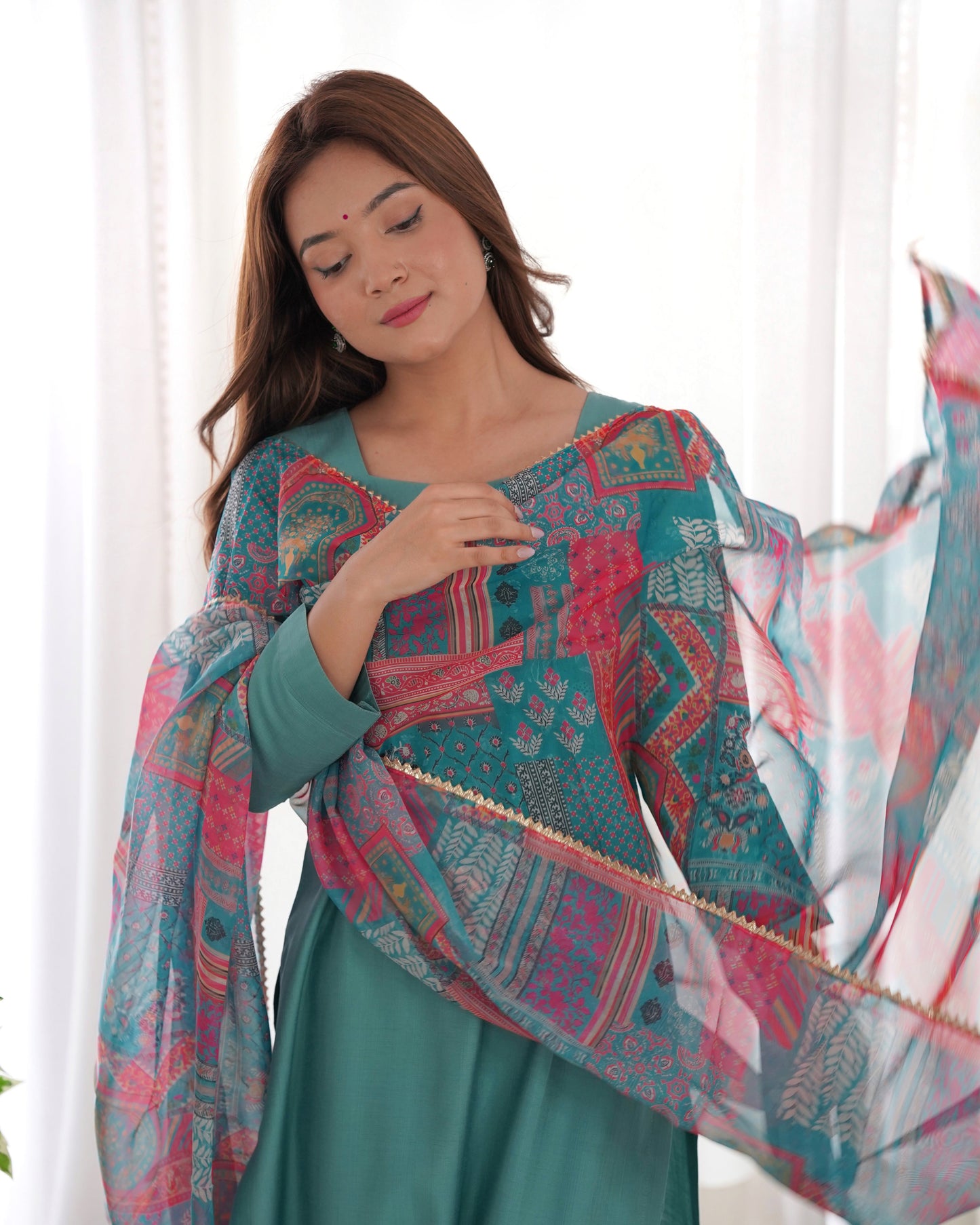 Sea Green Pure Soft Viscose Kurta Suit Set With Dupatta & Pant