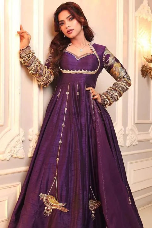 Purple Embroidered Gown with Dupatta in Blooming Vichitra