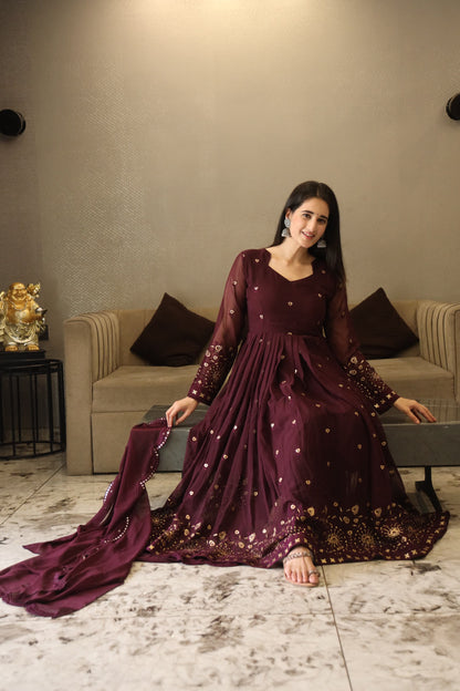 SONIA WINE COLOURED ANARKALI SUIT SET