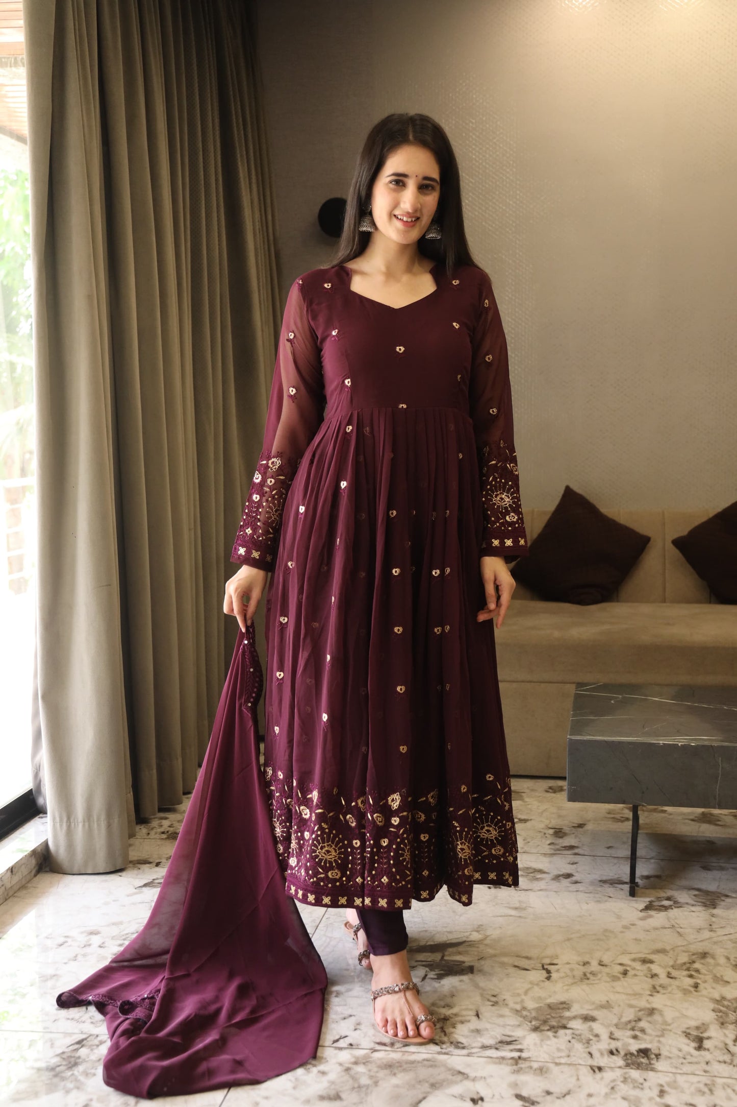 SONIA WINE COLOURED ANARKALI SUIT SET