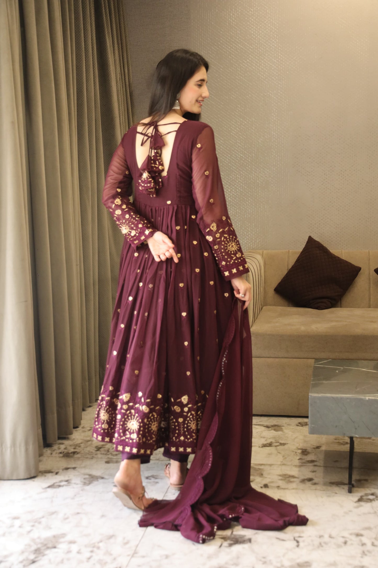 SONIA WINE COLOURED ANARKALI SUIT SET