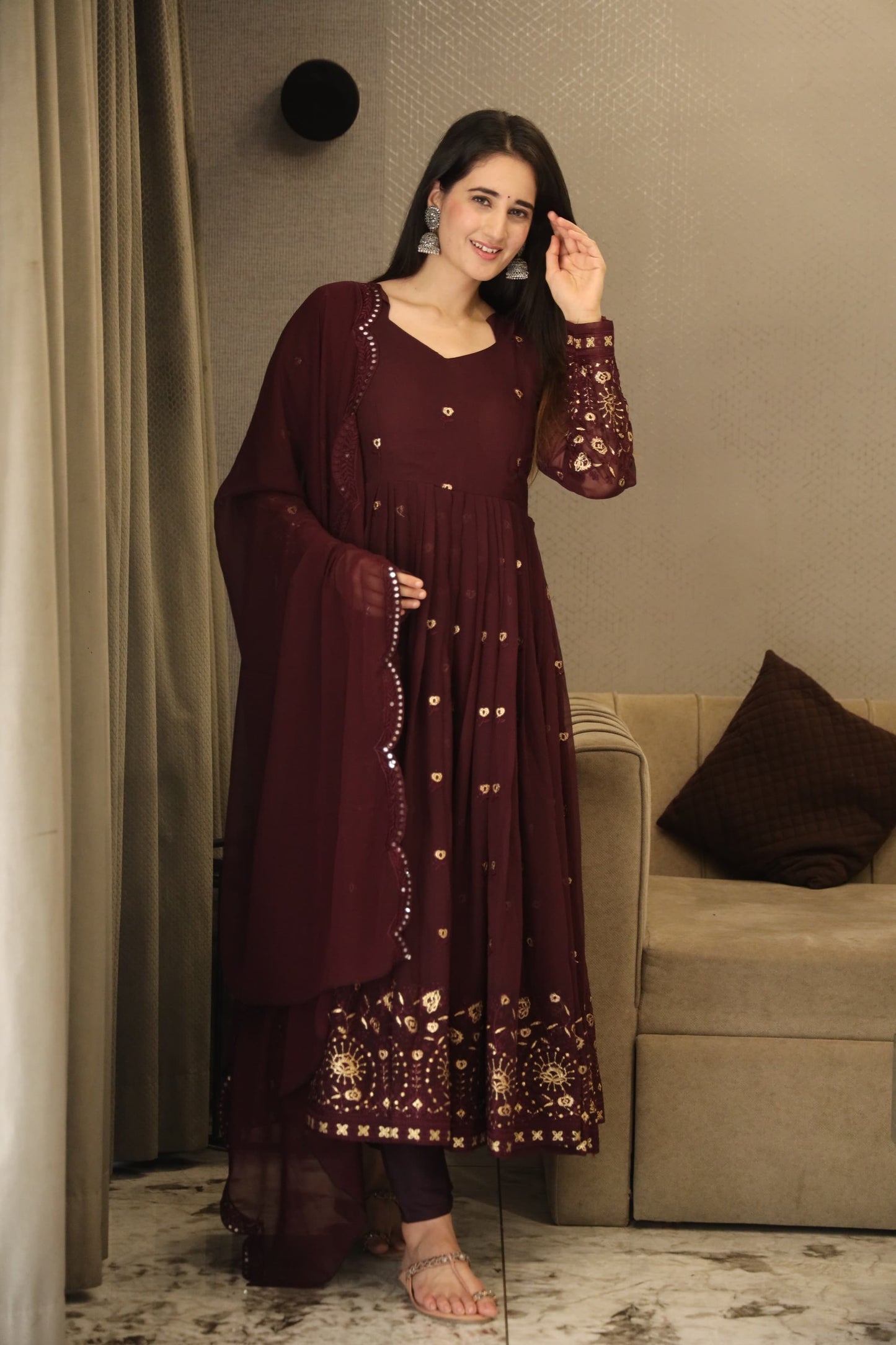 SONIA WINE COLOURED ANARKALI SUIT SET