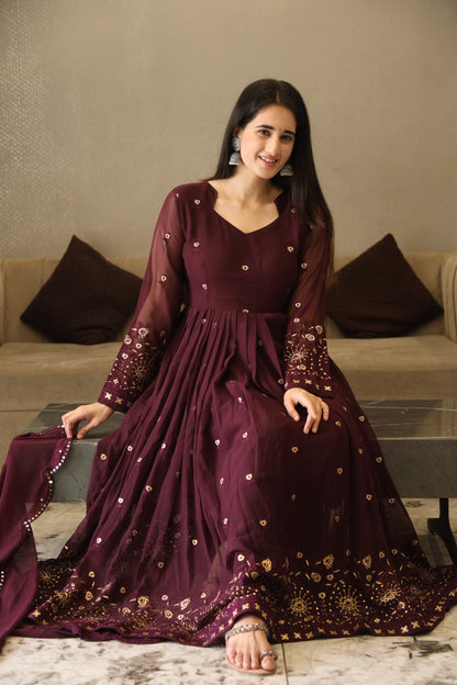 SONIA WINE COLOURED ANARKALI SUIT SET