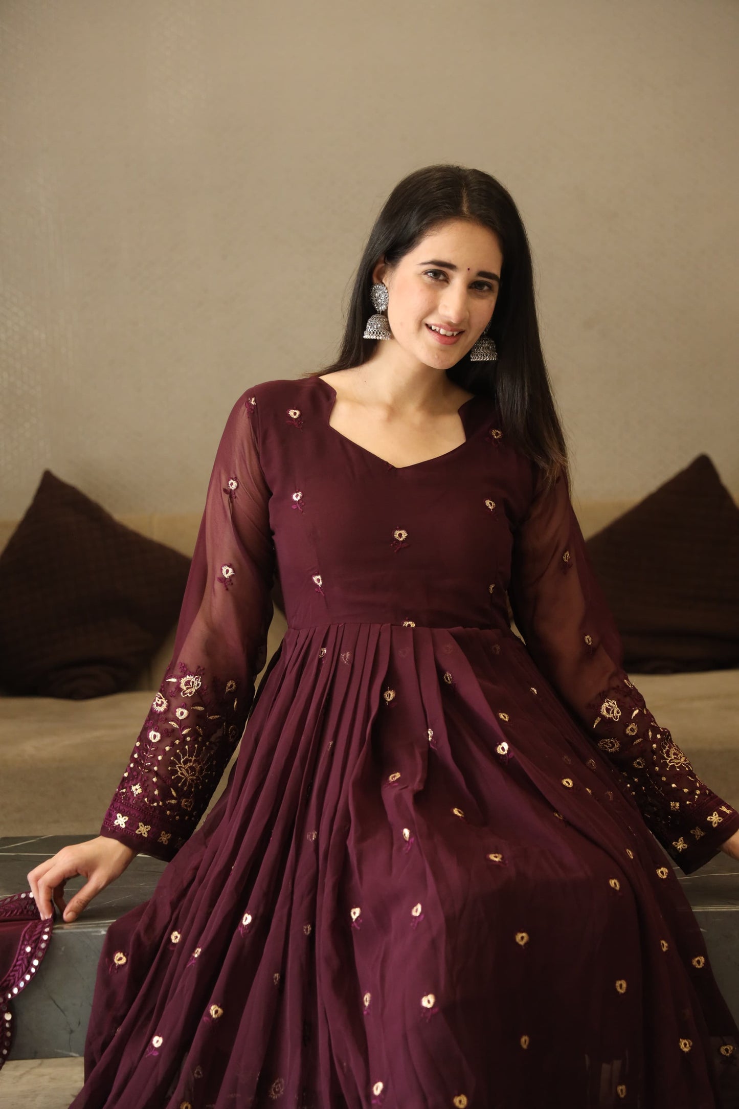 SONIA WINE COLOURED ANARKALI SUIT SET