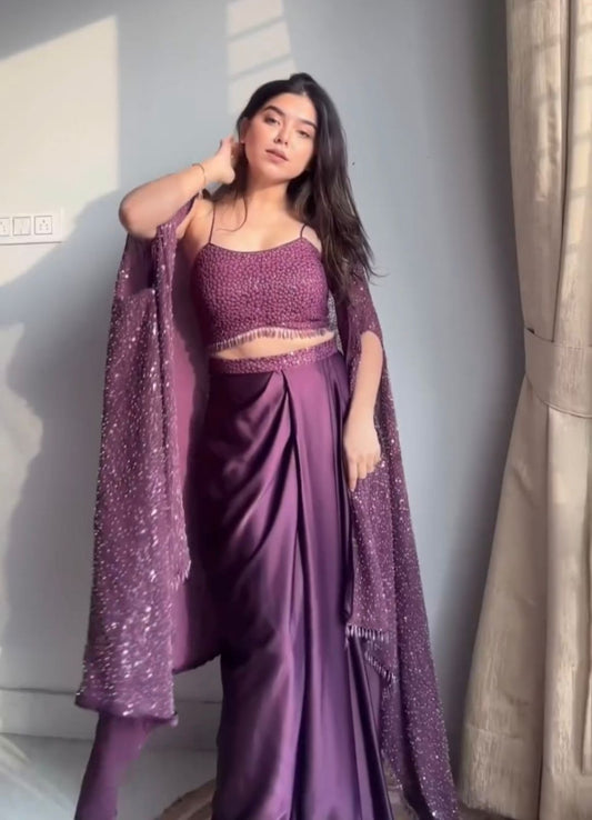 Purple Color Western Style Rangoli Shrug,Tube Choli with Draped Skirt