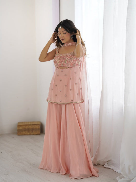 Vani Peach hand Sewn Beads Work Poncho Styled Sharara Pant