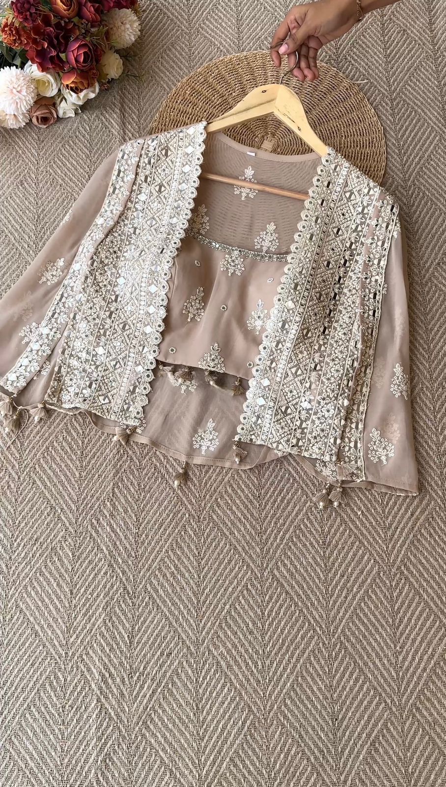 Roohani Real Mirror Work Party Wear Shruge Set